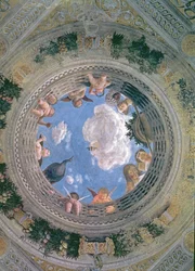 カメラ・ピクタまたはカメラ・デッリ・スポージのヴォールト天井中央のトロンプ・ルイユのオクルス、1465-74年